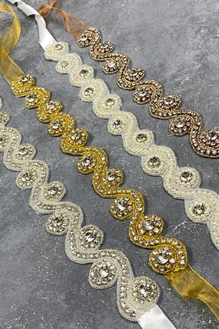 Gold Rengi Su Yolu Abiye Elbise Aksesuarı Taşlı Bel Kemeri 
