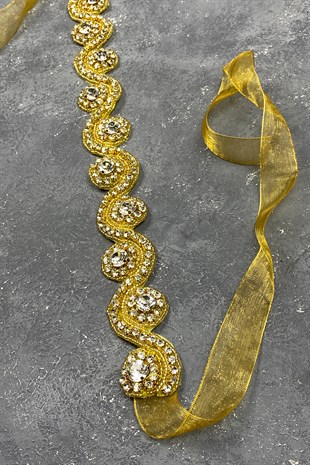 Gold Rengi Su Yolu Abiye Elbise Aksesuarı Taşlı Bel Kemeri 