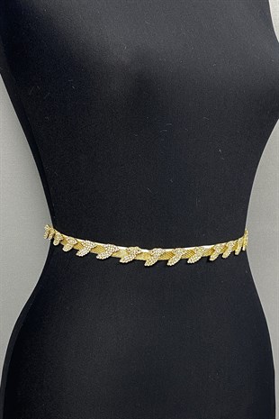 Gold Color Stones Thin Leaf Pattern Accessory Waist Belt