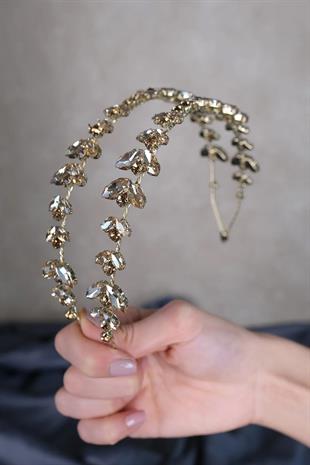 Gold Rengi Zemin Alfa Mekik Cam Kristal Taşlı Gelin Kına Tacı