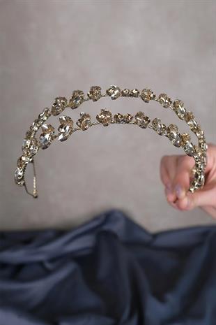 Gold Rengi Zemin Alfa Mekik Cam Kristal Taşlı Gelin Kına Tacı