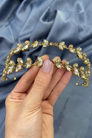 Gold Rengi Zemin Alfa Mekik Cam Kristal Taşlı Gelin Kına Tacı