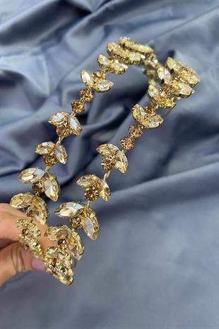 Gold Rengi Zemin Alfa Mekik Cam Kristal Taşlı Gelin Kına Tacı