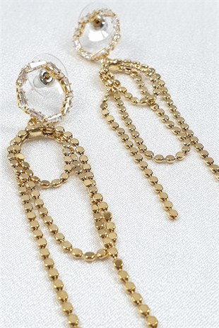 Gold Rengi Zincir Detaylı Sallantılı Saçak Küpe