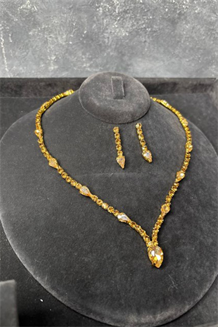 Gold Renk Premium Taşlı Kolye Küpe Set Lüks Işıltılı Abiye Düğün Takı