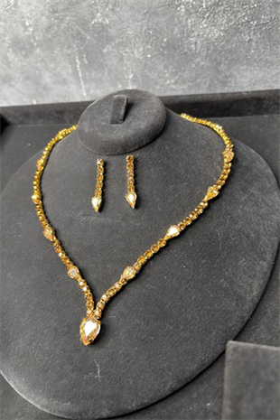 Gold Renk Premium Taşlı Kolye Küpe Set Lüks Işıltılı Abiye Düğün Takı