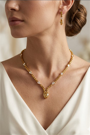 Gold Renk Premium Taşlı Kolye Küpe Set Lüks Işıltılı Abiye Düğün Takı
