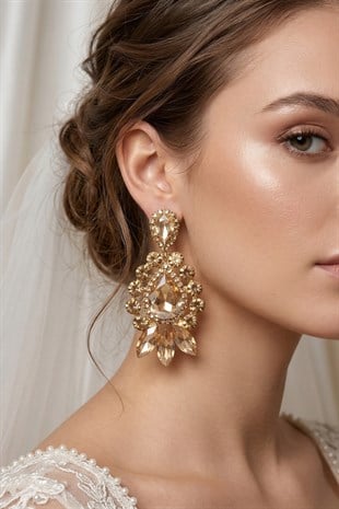 Gold Renk Velin Şık Tasarım Taşlı Küpe  Gelin Kına Abiye Küpesi