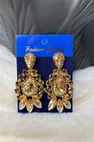 Gold Renk Velin Şık Tasarım Taşlı Küpe  Gelin Kına Abiye Küpesi