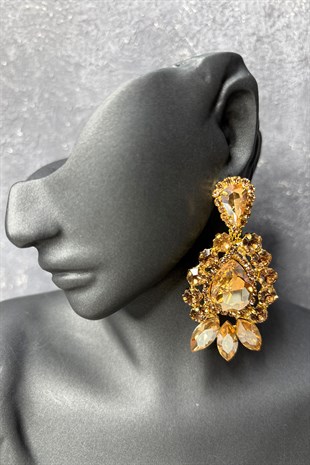 Gold Renk Velin Şık Tasarım Taşlı Küpe  Gelin Kına Abiye Küpesi