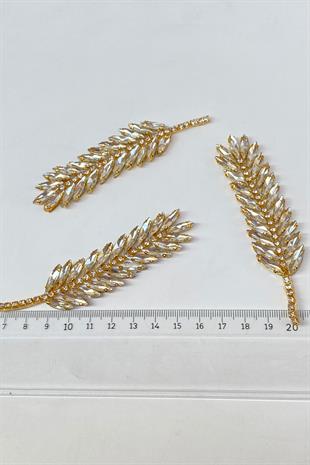 Gold Renk Yaprak Desenli Ütüyle Yapışan Parlak Taşlı Aplik 