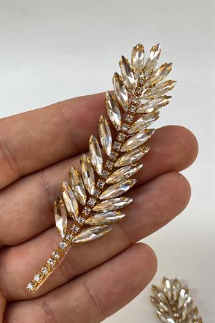 Gold Renk Yaprak Desenli Ütüyle Yapışan Parlak Taşlı Aplik 