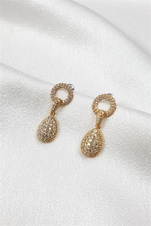 Gold Sallantılı Damla Model Zirkon Küpe