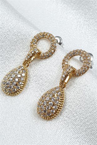 Gold Sallantılı Damla Model Zirkon Küpe