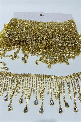Gold Şeffaf Beyoğlu Damla Taşlı Saçak Püsküllü Şerit Aksesuar