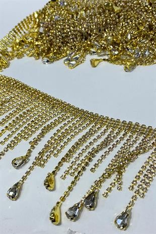 Gold Şeffaf Beyoğlu Damla Taşlı Saçak Püsküllü Şerit Aksesuar