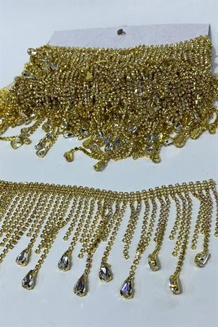 Gold Şeffaf Beyoğlu Damla Taşlı Saçak Püsküllü Şerit Aksesuar