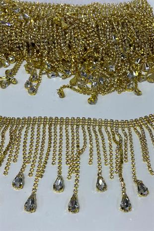 Gold Şeffaf Beyoğlu Damla Taşlı Saçak Püsküllü Şerit Aksesuar