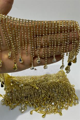 Gold Şeffaf Beyoğlu Damla Taşlı Saçak Püsküllü Şerit Aksesuar