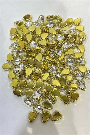 Gold Şeffaf Damla Metal Kasalı Beyoğlu Taşı Dikme Cam Boncuk 5 Adet