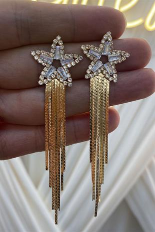 Gold Sıra Mekik Zirkon Taşlı Abiye Küpe