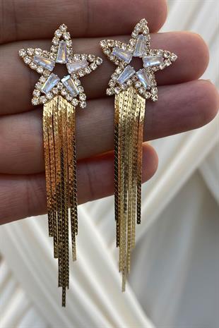 Gold Sıra Mekik Zirkon Taşlı Abiye Küpe