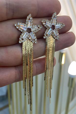 Gold Sıra Mekik Zirkon Taşlı Abiye Küpe