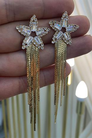 Gold Sıra Mekik Zirkon Taşlı Abiye Küpe