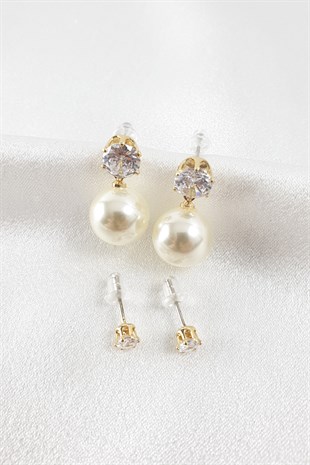 Gold Taşlı İncili Çoklu Küpe