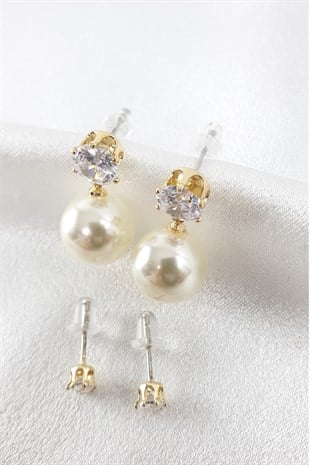 Gold Taşlı İncili Çoklu Küpe