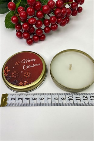 Gold Teneke Mum Yuvarlak Kırmızı Merry Christmas Baskılı