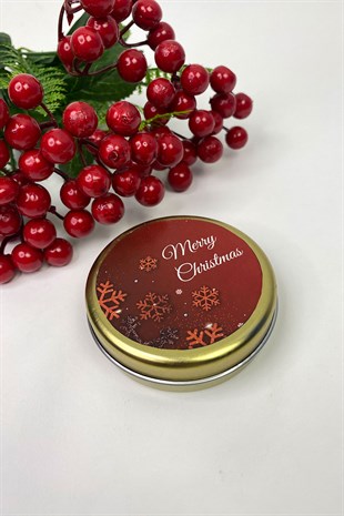 Gold Teneke Mum Yuvarlak Kırmızı Merry Christmas Baskılı