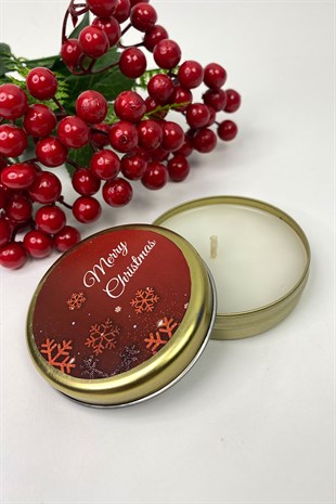 Gold Teneke Mum Yuvarlak Kırmızı Merry Christmas Baskılı