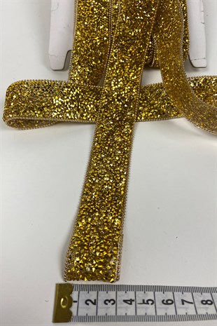 Gold Ütüyle Yapışan Taşlı Zincirli Şerit Aplik