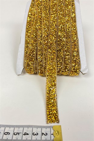 Gold Ütüyle Yapışan Taşlı Zincirli Şerit Aplik