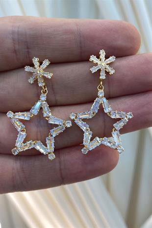 Gold Yıldız Zincirli Zirkon Parlak Taşlı Küpe