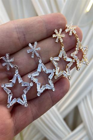 Gold Yıldız Zincirli Zirkon Parlak Taşlı Küpe