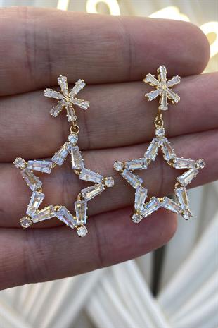Gold Yıldız Zincirli Zirkon Parlak Taşlı Küpe