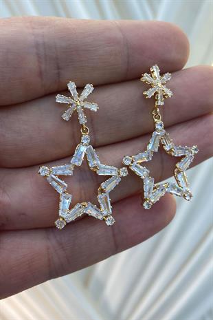 Gold Yıldız Zirkon Baget Taşlı Küpe