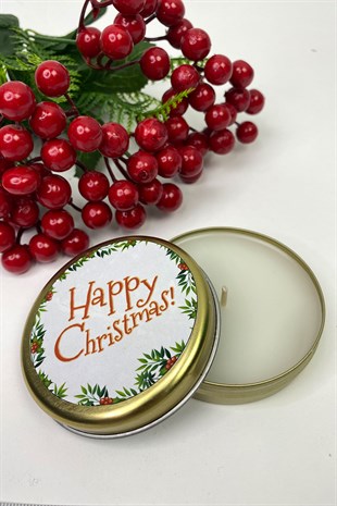 Yuvarlak Gümüş Teneke Mum Happy Christmas Baskılı