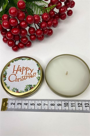 Yuvarlak Gümüş Teneke Mum Happy Christmas Baskılı