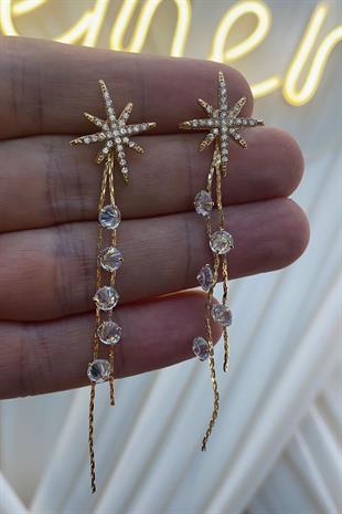 Gold Zincirli Yıldız Zirkon Taşlı Parlak Küpe