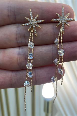 Gold Zincirli Yıldız Zirkon Taşlı Parlak Küpe