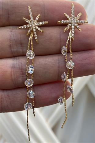 Gold Zincirli Yıldız Zirkon Taşlı Parlak Küpe