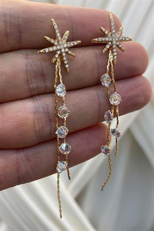 Gold Zincirli Yıldız Zirkon Taşlı Parlak Küpe