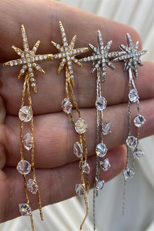 Gold Zincirli Yıldız Zirkon Taşlı Parlak Küpe