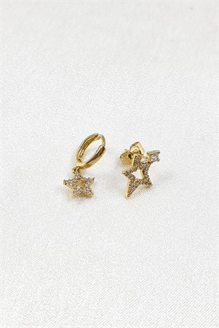 Gold Zirkon Yıldız Desenli Taşlı Küpe