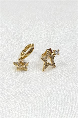 Gold Zirkon Yıldız Desenli Taşlı Küpe