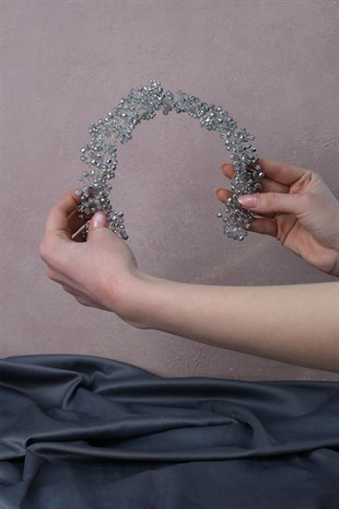 Gri Duru Boncuklu Gelin Tacı Saç ve Türban Aksesuarı