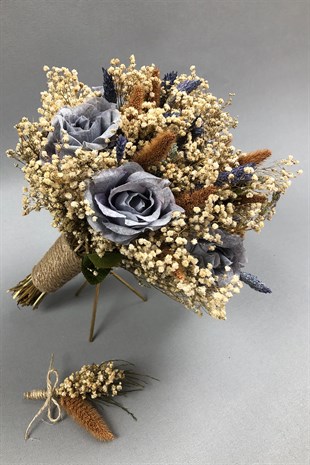 Gri Mavi Gelin Buketi ve Damat Yaka Çiçeği